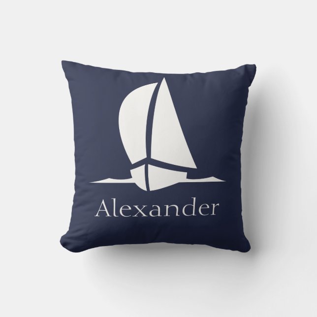 Nautical White sailboat Navy blue Coastal Monogram Cushion (Front)