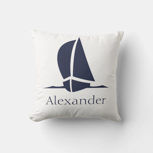 Nautical White sailboat Navy blue Coastal Monogram Cushion (Front)