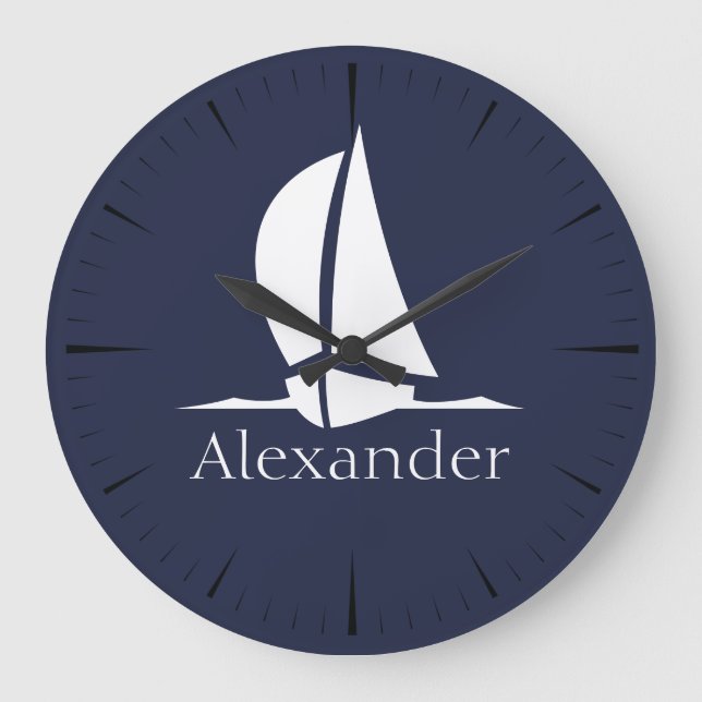 Nautical White sailboat Navy blue Coastal Monogram Large Clock (Front)