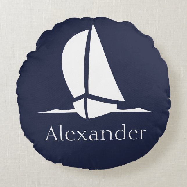 Nautical White sailboat Navy blue Coastal Monogram Round Cushion (Front)