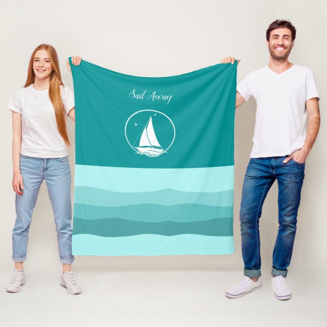 Nautical white sailboat/sail away/aqua wave blue fleece blanket (In Situ)