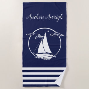 Nautical white sailboat silhouette/anchors aweigh beach towel