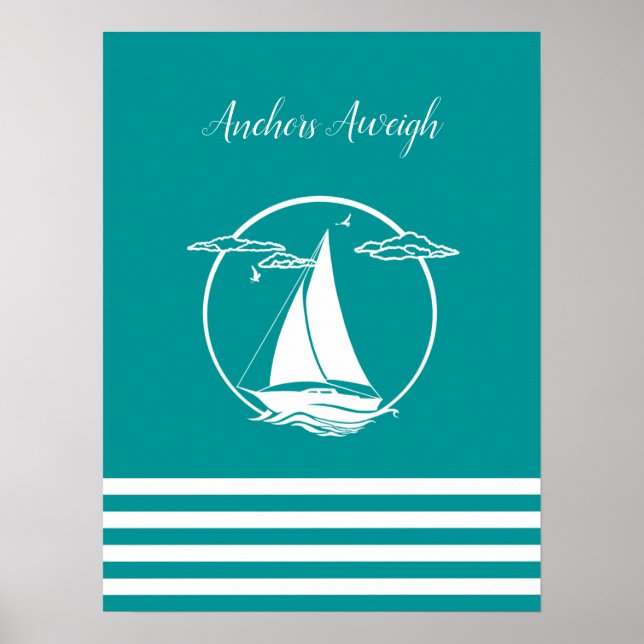 Nautical white sailboat silhouette/anchors aweigh poster (Front)