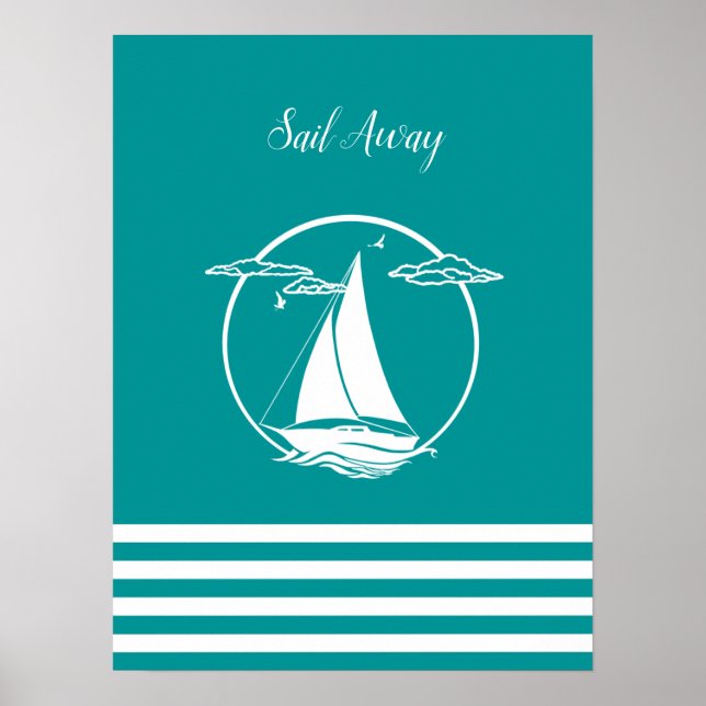 Nautical white sailboat silhouette/Sail away/aqua Poster (Front)