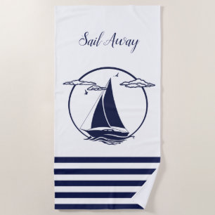 Nautical white sailboat silhouette/sail away beach towel