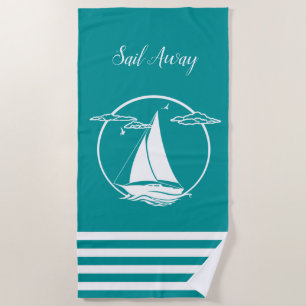 Nautical white sailboat silhouette/sail away beach towel