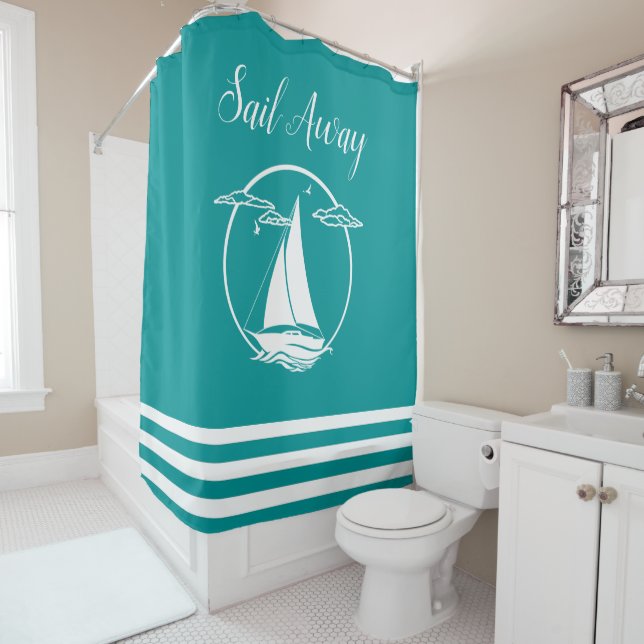 Nautical white sailboat silhouette/sail away shower curtain (In Situ)