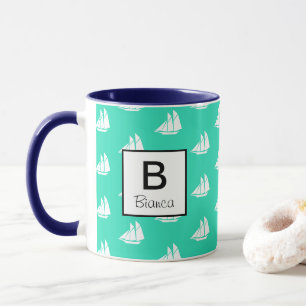 Nautical White Sailboats & Sea Green Personalised Mug