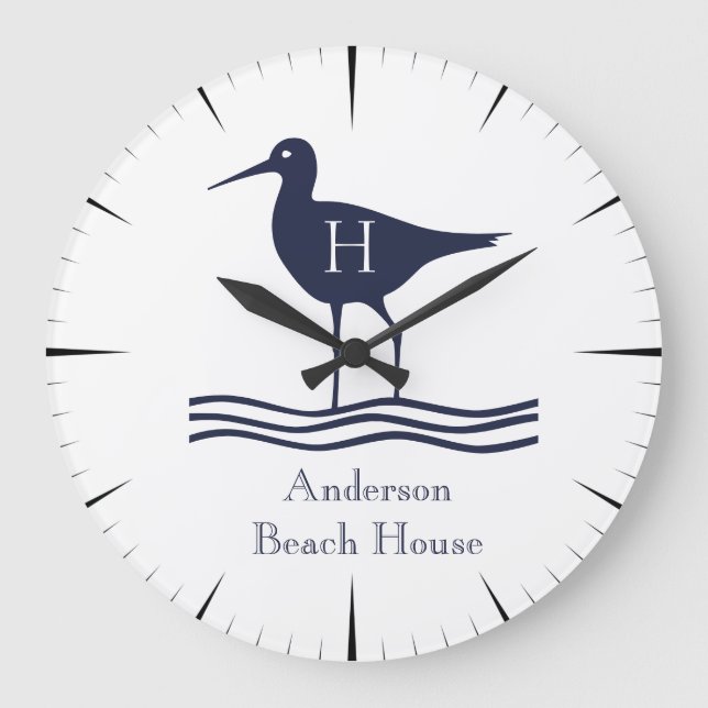 Nautical White Sandpipe Navy blue Coastal Monogram Large Clock (Front)