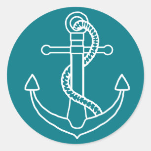 Nautical White Ship Anchor Blue Teal Vintage Classic Round Sticker