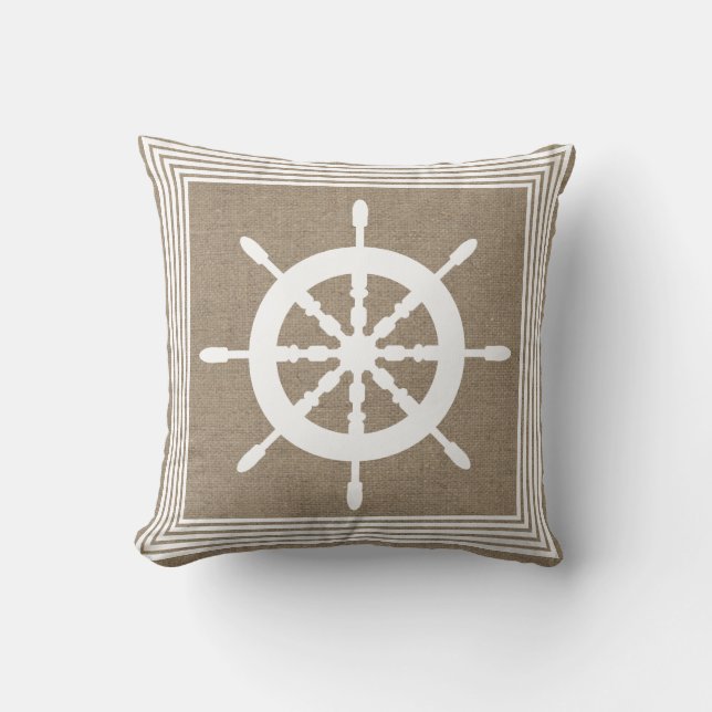 Nautical White Ship Helm & Faux Burlap Cushion (Front)