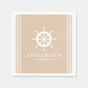 Nautical White Ship Helm & Taupe Napkin