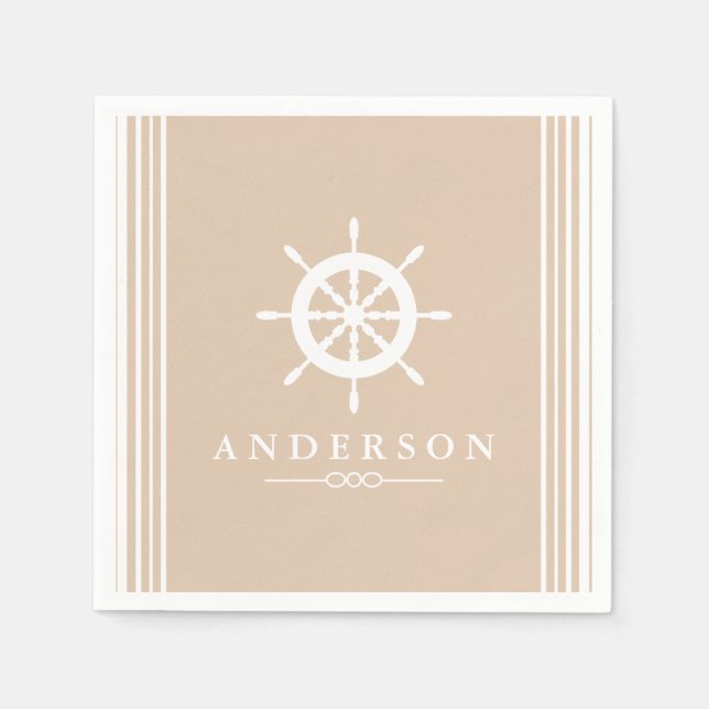 Nautical White Ship Helm & Taupe Napkin (Front)