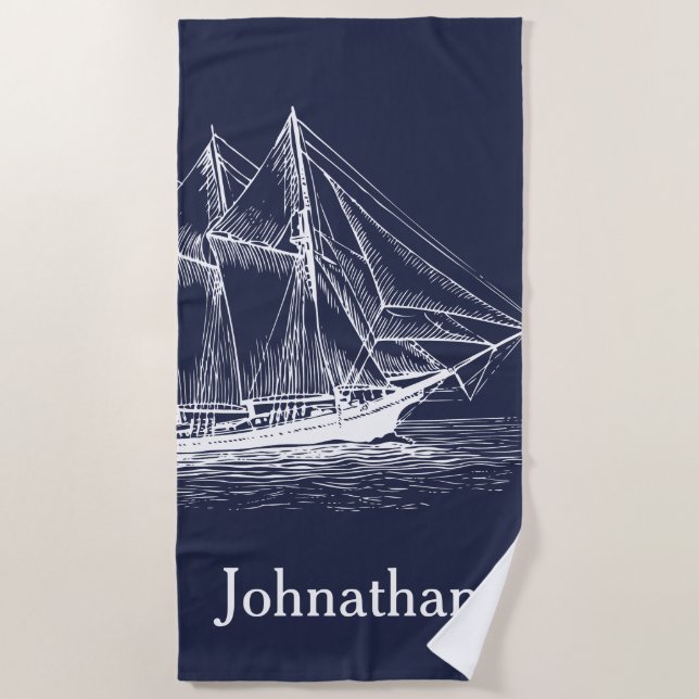 Nautical White Ship Schooner & Navy Blue with Name Beach Towel (Front)