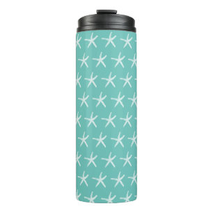 Nautical White Starfish Patterns Beach Teal Blue Thermal Tumbler