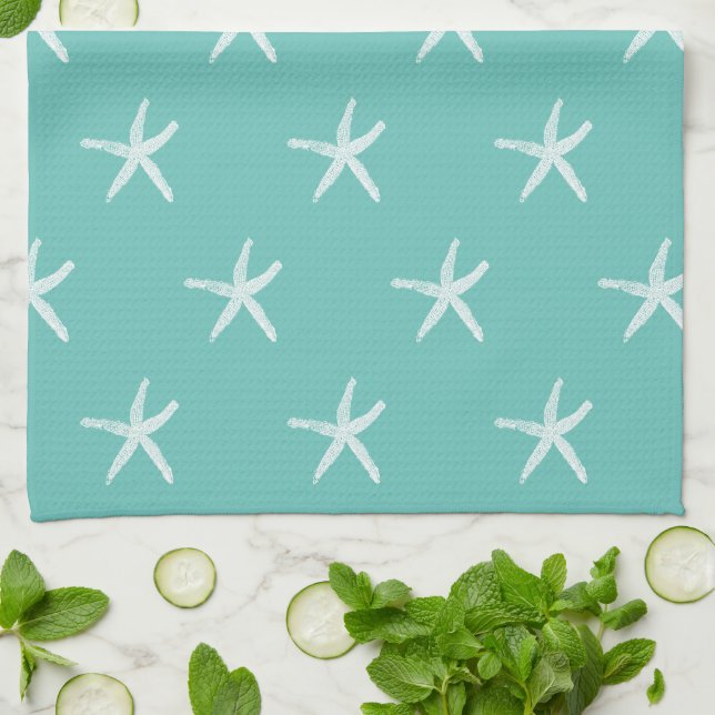 Nautical White Starfish Patterns Teal Blue Cute Tea Towel (Folded)