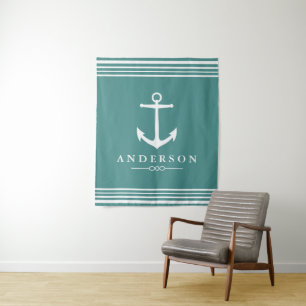 Nautical White Stripe & Anchor Teal Personalised Tapestry