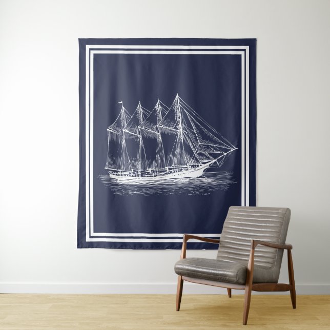 Nautical White Vintage Schooner & Navy Blue Tapestry (In Situ)