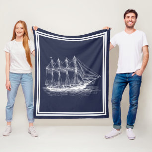 Nautical White Vintage Schooner Ship Fleece Blanket