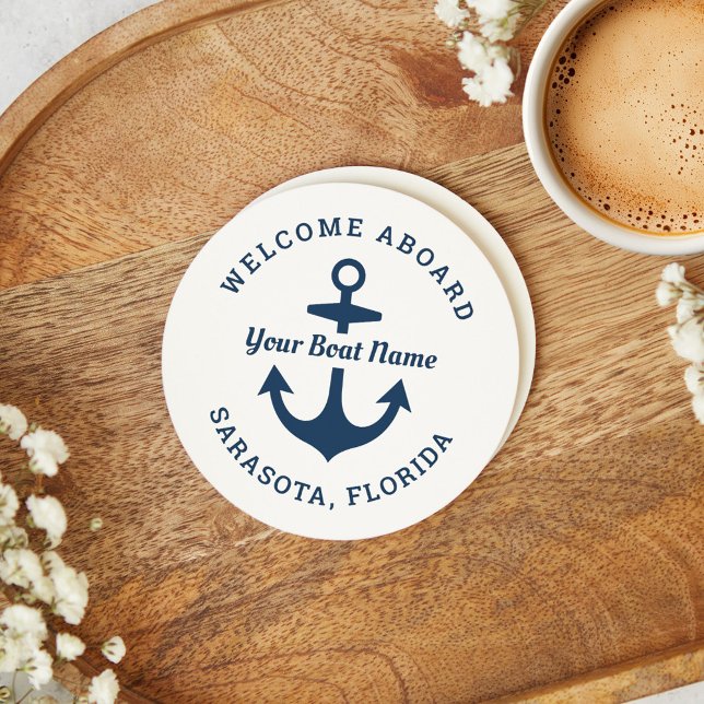Nautical White Welcome Aboard Boat Name Anchor Round Paper Coaster (Creator Uploaded)