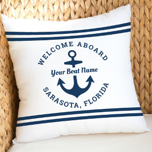 Nautical White Welcome Aboard Boat Name Cushion