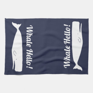 Nautical White Whale Hello in Navy Tea Towel