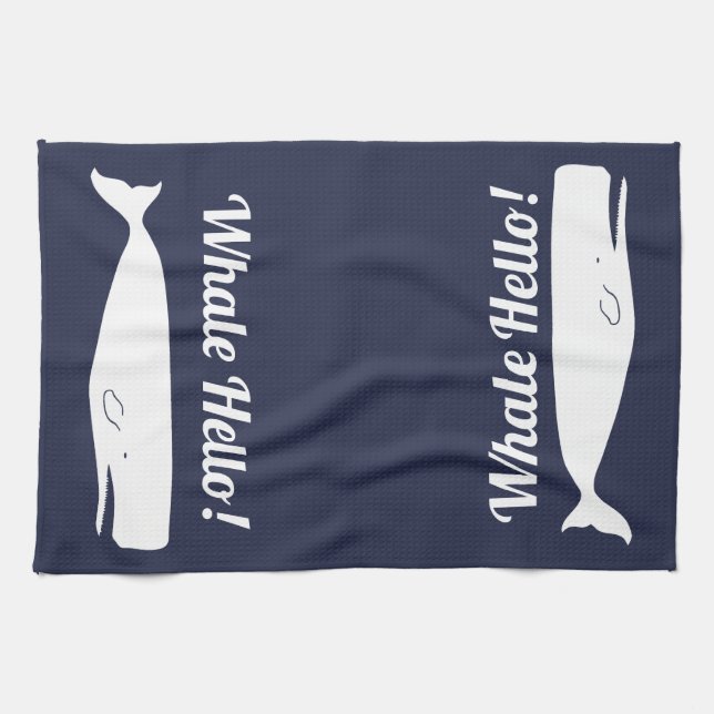 Nautical White Whale Hello in Navy Tea Towel (Horizontal)