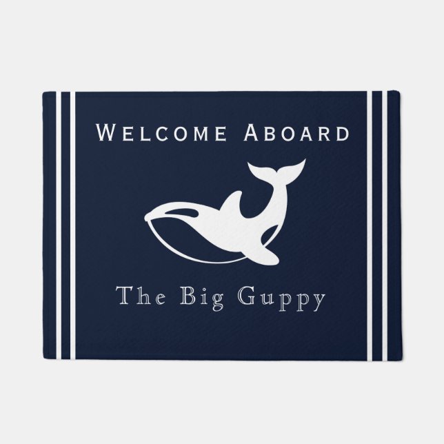 Nautical White Whale on a soft Navy Blue Coastal Doormat (Front)
