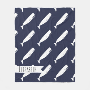 Nautical White Whales & Navy with Name Fleece Blanket