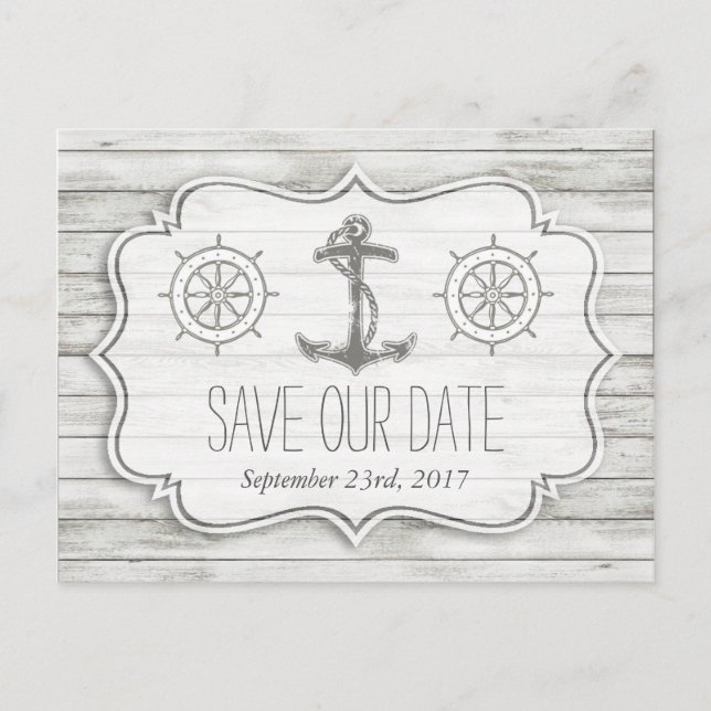 Nautical Whitewashed Wood Beach Wedding Collection Announcement Postcard (Front)