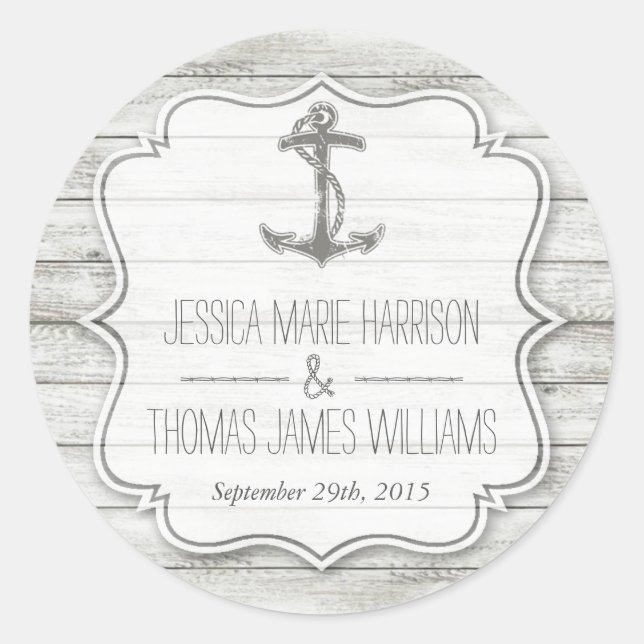 Nautical Whitewashed Wood Beach Wedding Collection Classic Round Sticker (Front)
