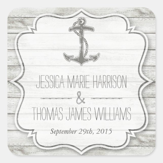 Nautical Whitewashed Wood Beach Wedding Collection Square Sticker (Front)
