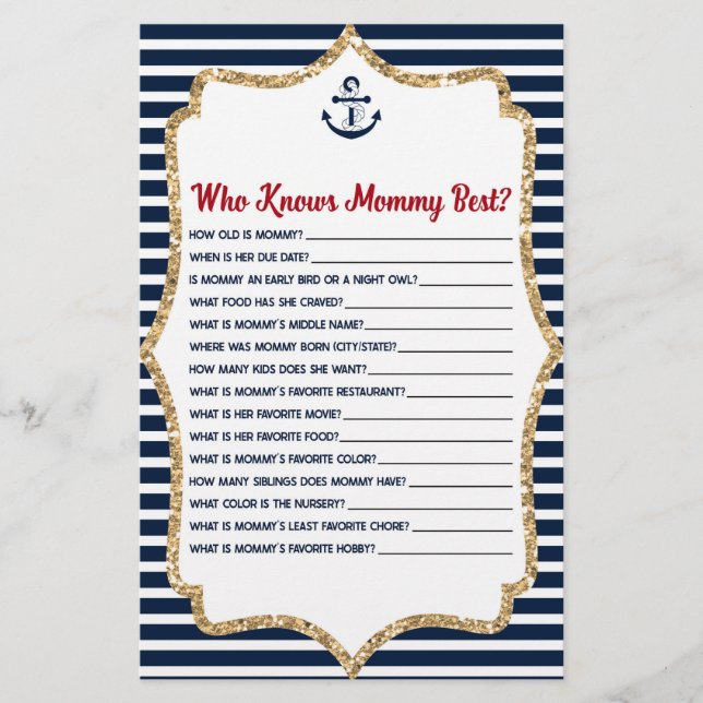 Nautical Who Knows Mummy Baby Shower Game Stationery (Front)