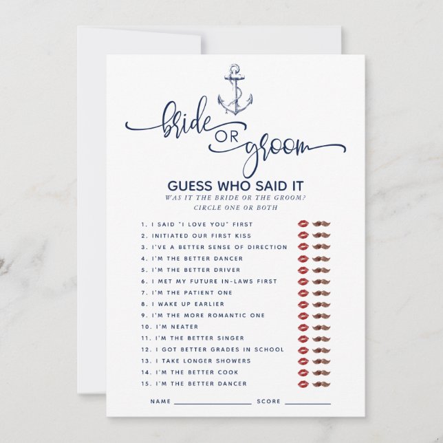 Nautical Who Said it Bridal Shower Games Invitation (Front)
