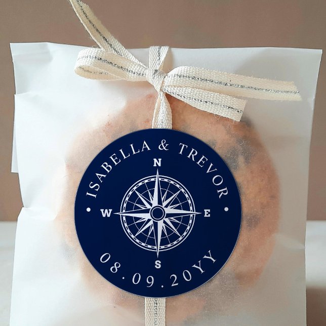 Nautical Wind Rose Compass Wedding Date Classic Round Sticker (Creator Uploaded)