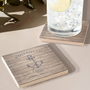 Nautical Wood Anchor Family Monogram Stone Coaster