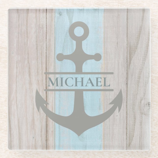 Nautical Wooden Boat Beach Anchor Name Glass Coaster (Front)
