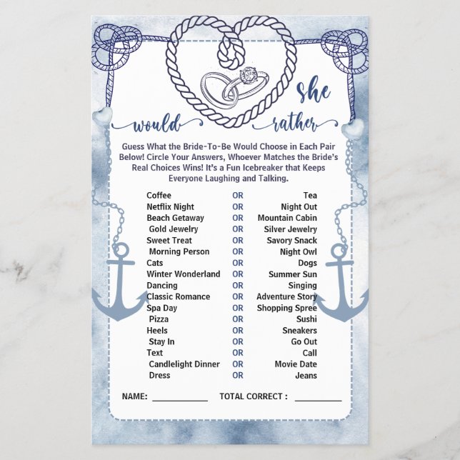 Nautical Would She Rather Game Bridal Shower card (Front)