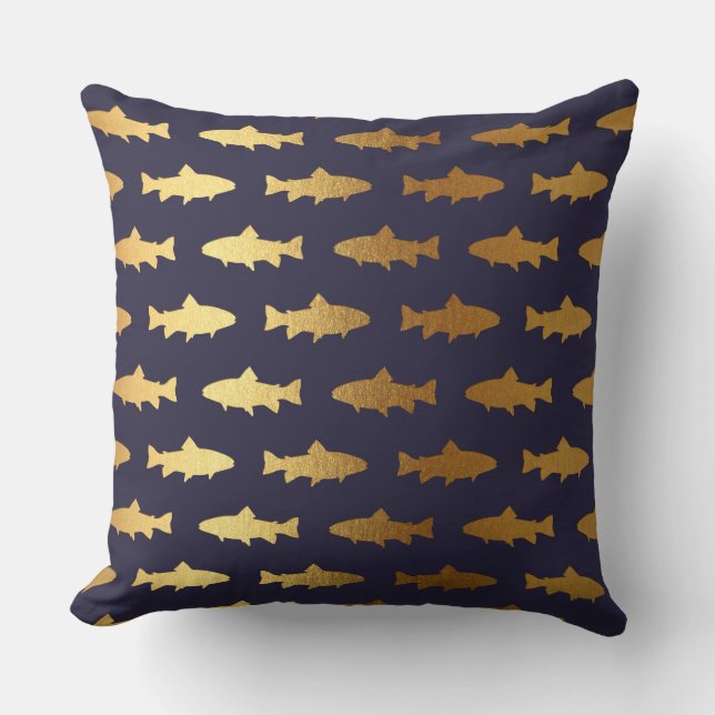 Nautical Yacht Club Blue Navy Golden Fish Shark Cushion (Front)