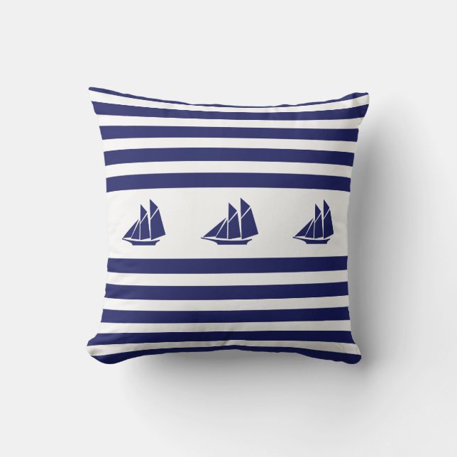 Nautical Yachts on Blue & White Striped Cushion (Front)