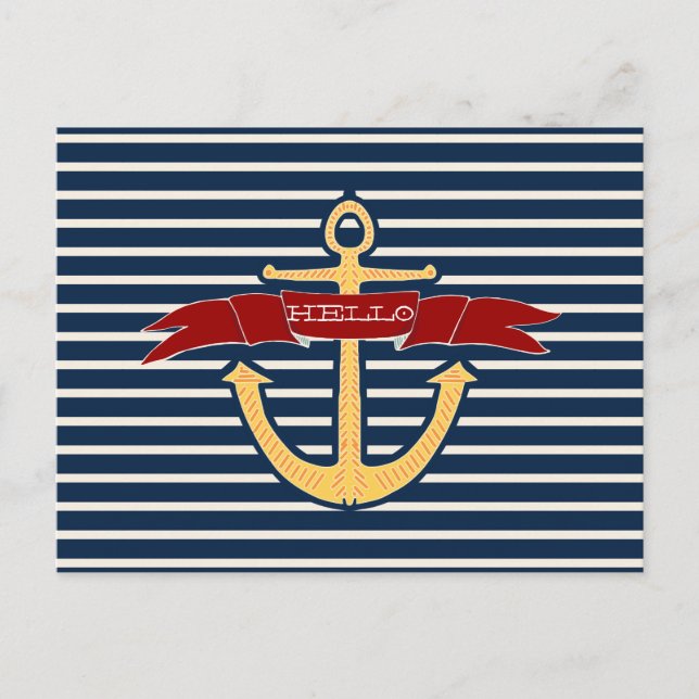 Nautical Yellow Anchor Stripes Postcard (Front)