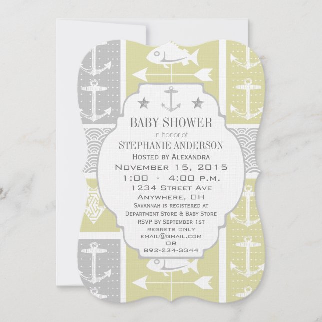 Nautical Yellow and Grey Anchor Fish Weather Vane Invitation (Front)