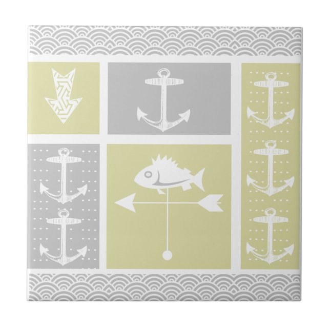 Nautical Yellow and Grey Anchor Fish Weather Vane Tile (Front)