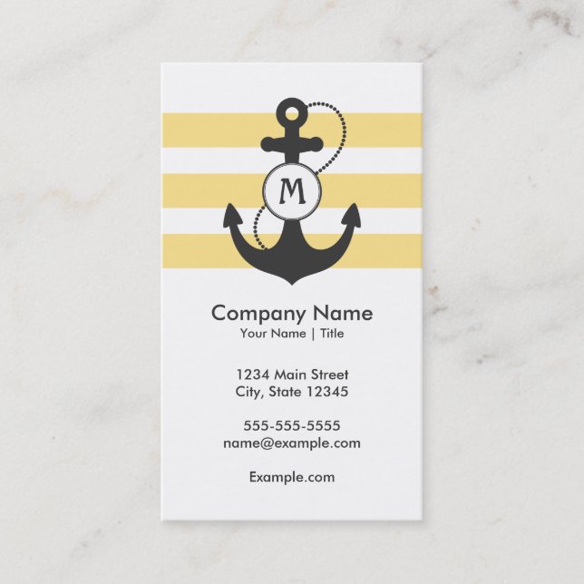 Nautical Yellow and Grey Anchor Monogram Business Card (Front)