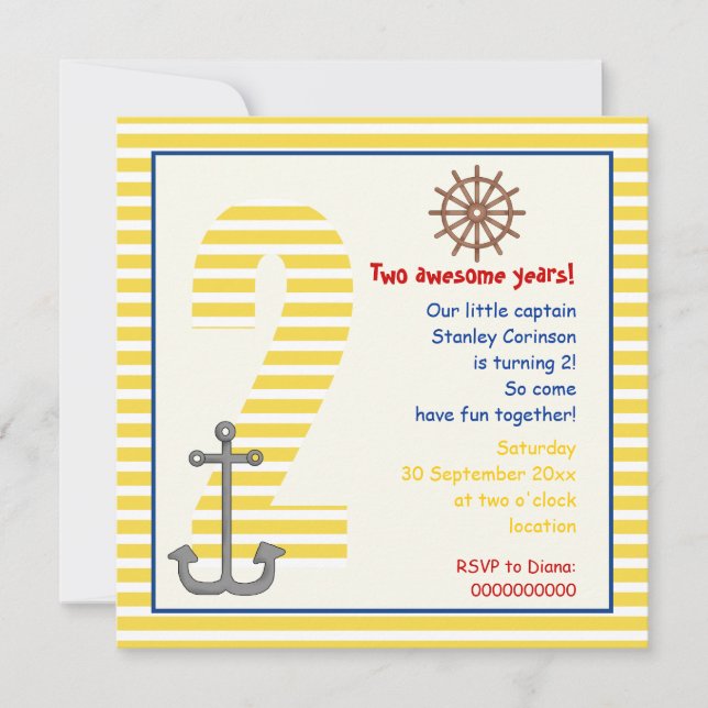 Nautical yellow sailboat, white 2nd birthday party invitation (Front)