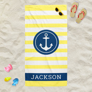 Nautical Yellow Stripe Anchor Monogram Name Beach Towel