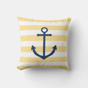 Nautical yellow striped pillow with navy anchor