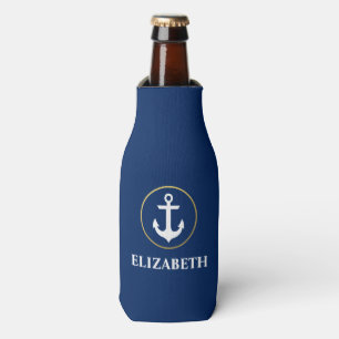Nautical Your Name Anchor Blue Gold Bottle Cooler