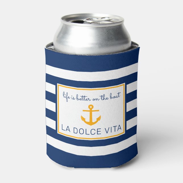 NauticalBlue & White||Life is Better on the Boat Can Cooler (Can Front)
