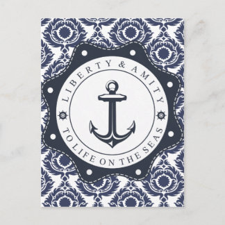 Nautico y motivo damasco azul y blanco, postcard